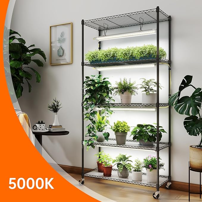 Bstrip Plant Shelf with Grow Lights, 5-Tier Plant Stand with T8 24W Grow Light for Indoor Plants with Wheel, 5000K Full Spectrum LED Plant Light with Timer for Seedling, Seed Starting, 29.5x13.8x59IN