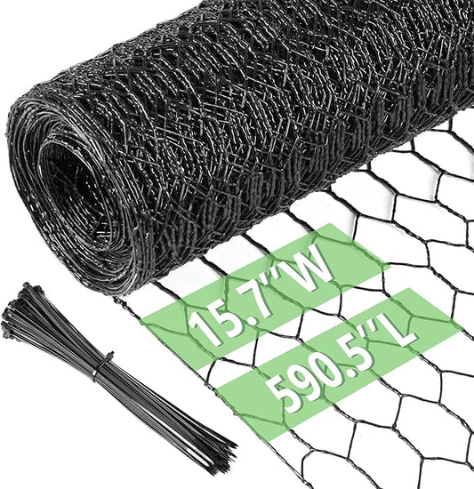 Chicken Wire 15.7 in x 590.5 in Poultry Wire Netting Hexagonal Galvanized Mesh Garden Fence Barrier for Pet Rabbit Chicken Fencing with 100 Pcs Cable Zip Ties(PVC-Coated)