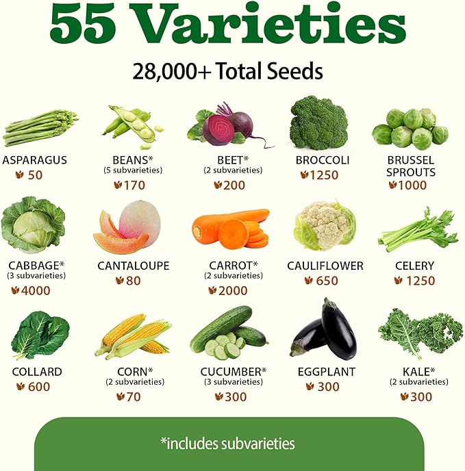 HOME GROWN 𝗨𝗦𝗔 𝗣𝗥𝗘𝗠𝗜𝗨𝗠 55 Vegetable Seeds Pack 28,000+ Non-GMO Heirloom Seeds for Planting Vegetables, Survival Seed Vault, Garden Kit for Spring Fall Winter, Gift for Gardeners