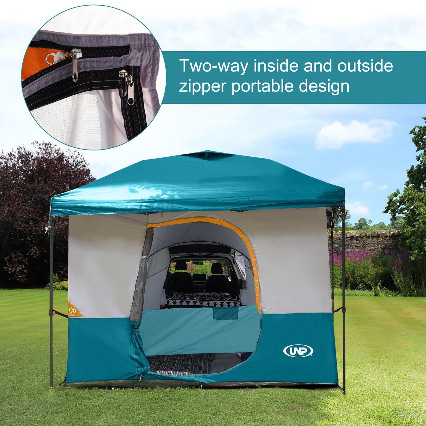 UNP Camping Cube Tent 10'x10' - Converts 10' Straight Leg Canopy into Camping Tent - Connect Jeep & SUV Tailgate - Ocean Blue (Canopy Pole/Shelter NOT Included)