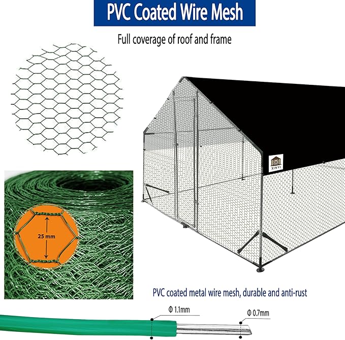 Chicken Coop Large Metal Chicken Run, Upgraded Anti-UV 180g/㎡ PE cloth & 1.1mm Thickened PVC-Coated hexagonal chicken Wire Mesh & More Galvanized Steel Standpipes, walk-in chicken coop, 13.1×9.8×6.4FT