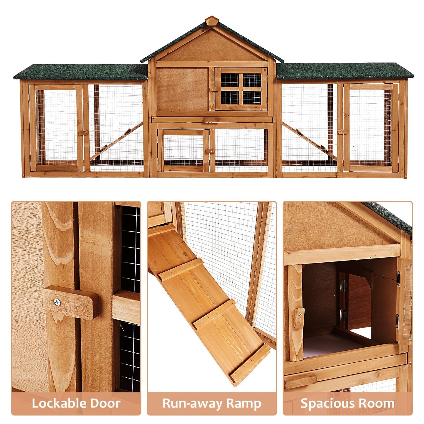 Hipicute 80in Wooden Rabbit Hutch, Outdoor Chicken Coop, Bunny Hutch Guinea Pig Pet House Bunny Cage with Double Side Runs, Weatherproof Roof, Removable Tray, Ramps for Small Animals