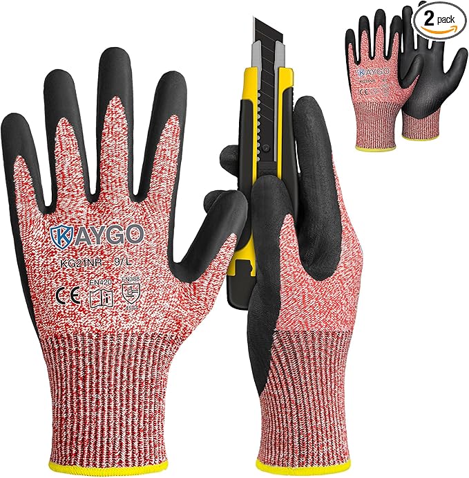 KAYGO Cut Resistant Gloves - Nitrile Micro-Foam Coated, Puncture Proof Safety Gloves for Work, Gardening, and Construction with Enhanced Grip | ANSI Cut Level A3 | KG21NB (Size L, 2 Pairs, Red)