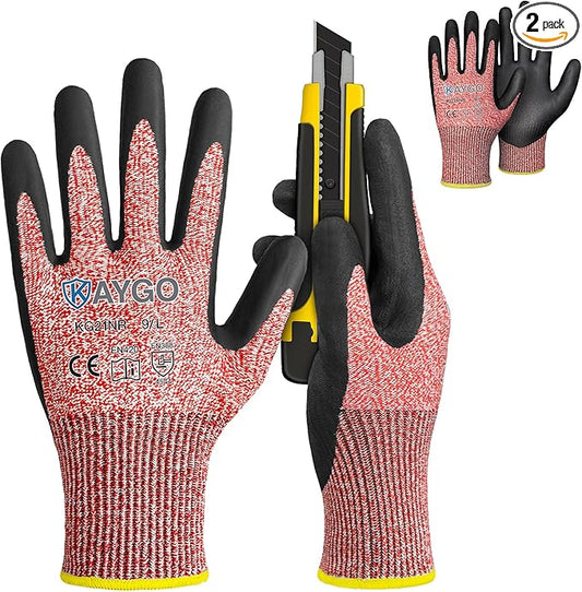 KAYGO Cut Resistant Gloves - Nitrile Micro-Foam Coated, Puncture Proof Safety Gloves for Work, Gardening, and Construction with Enhanced Grip | ANSI Cut Level A3 | KG21NB (Size L, 2 Pairs, Red)