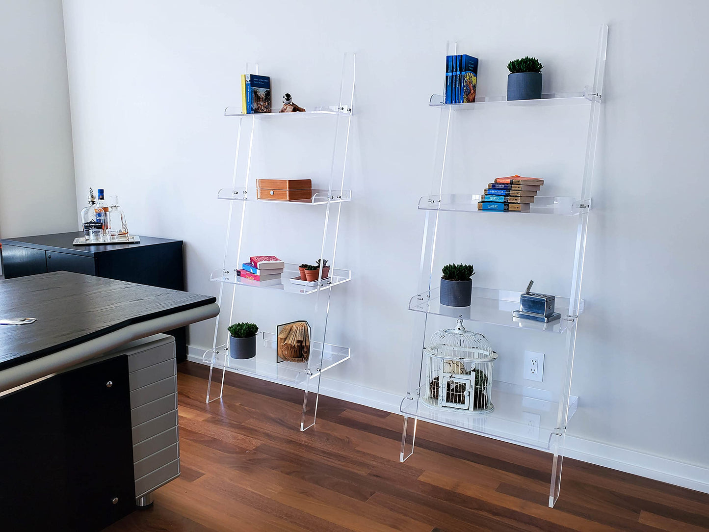 Acrylic Ladder Bookcase Wall Leaning Shelves – Large & Robust Modern Clear Floating Bookshelf - Decor Display for Open Shelving, Organizer, or Storage in the Living Room, Office, Bedroom, or Bathroom