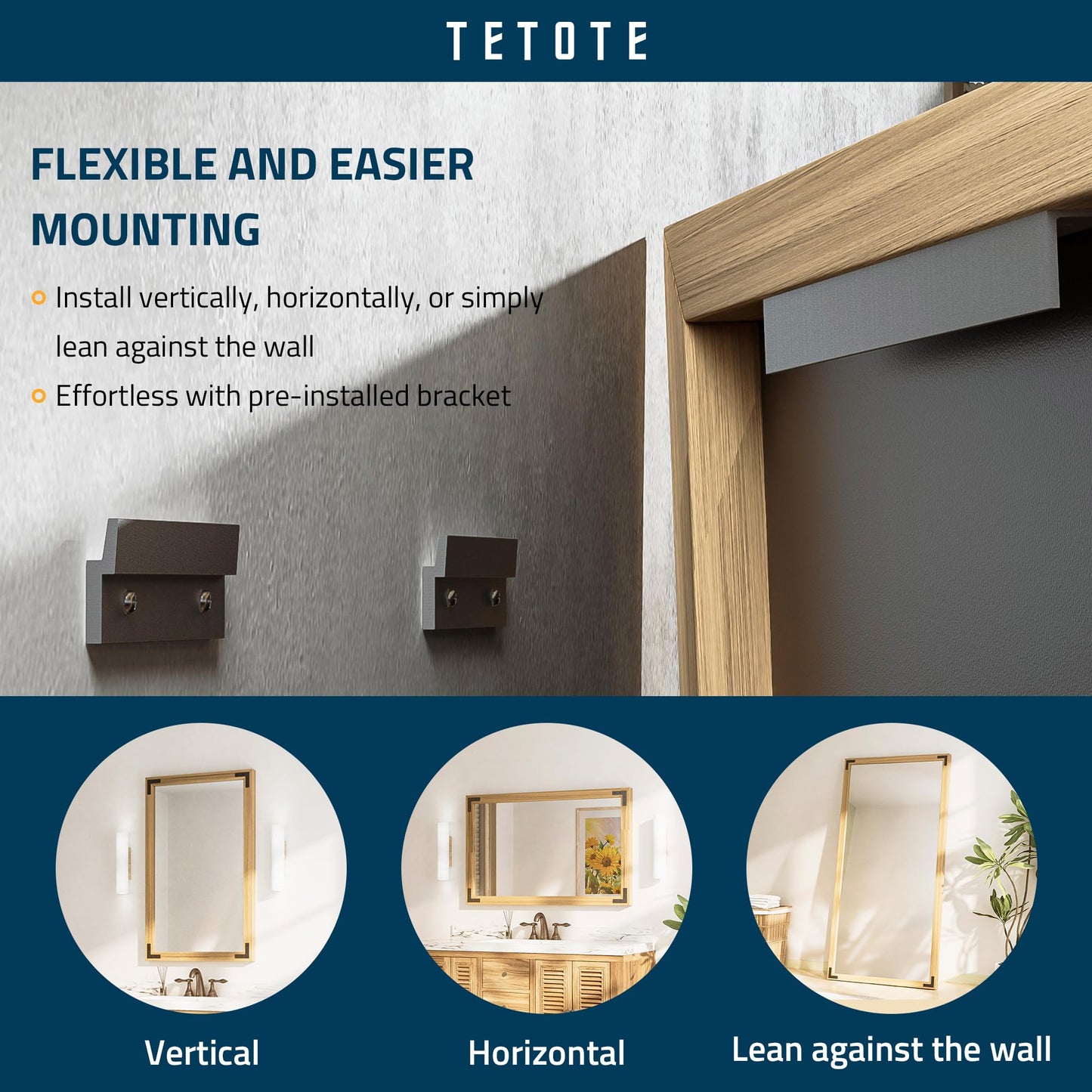 TETOTE 55 x 36 Natural Wooden Mirror for Bathroom Wall/Bedroom/Living Room/Entryway Farmhouse Rustic Bathroom Vanity Mirror Waterproof (Horizontal/Vertical Mounted)
