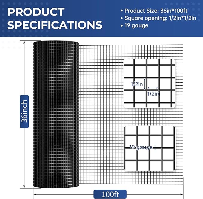 Black PVC Vinyl Coated Wire Mesh Hardware Cloth 1/2 inch 36 x 100 ft 19 Gauge, Double-Layer Rust-Proof Design, Easy to Bend and Durable, Chicken Wire Mesh, Tree Guard, Rodent Wire