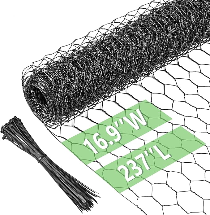 Chicken Wire 16.9 in x 237 in Poultry Wire Netting Hexagonal Galvanized Mesh Garden Fence Barrier for Pet Rabbit Chicken Fencing with 100 Pcs Cable Zip Ties(PVC-Coated) Black