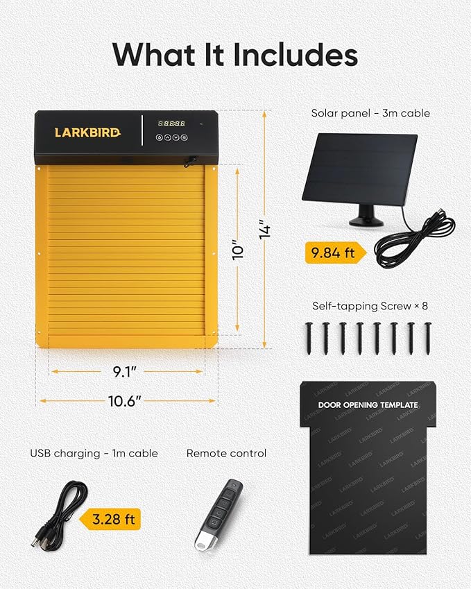 LARKBIRD Automatic Chicken Coop Door with Audio Recall Function, Solar Chicken Coop Door with Timer & Light Sensor, App Control Chicken Door with Anti-Pinch System (Yellow)