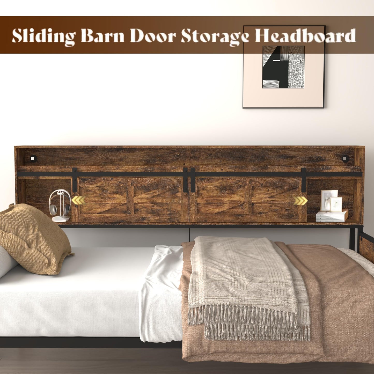 KEIKI Twin Daybed with Trundle, Farmhouse Daybed Frame with Sliding Barn Door Headboard, Charging Station & LED Lights, Convertible to 2 Twin Beds or Sofa Bed, Rustic Brown