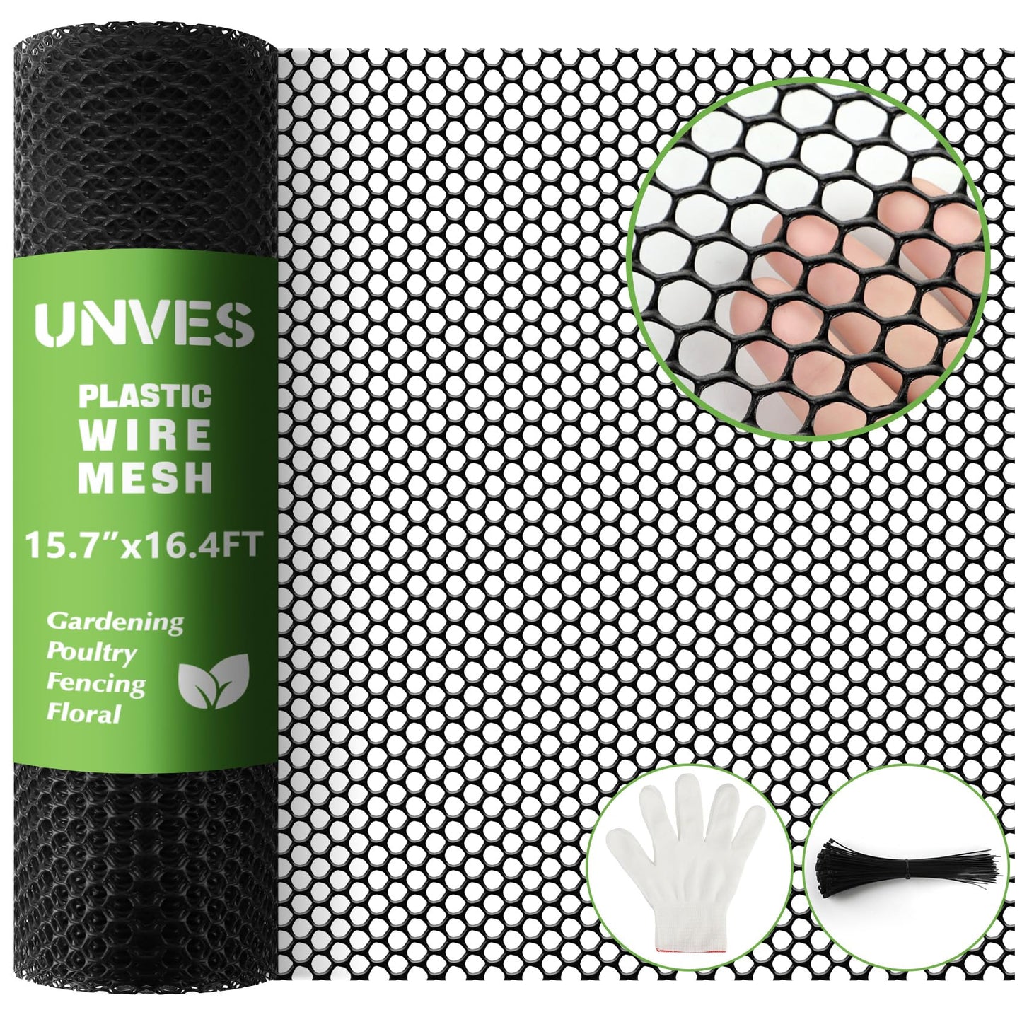 Unves 15.7IN x 16.4FT Plastic Chicken Wire Fencing Mesh, Hexagonal Chicken Wire Fence for Gardening Poultry Floral Dogs Rabbit Construction Barrier Netting, Plastic Fence Mesh Roll, Black