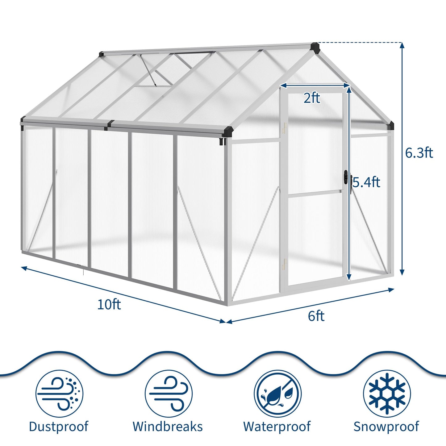 6x10 FT Greenhouse, Easy Assembly Aluminum Polycarbonate Greenhouses for Outdoors with Roof Vent and Ground Nails, Heavy Duty Aluminum Walk-in Greenhouse for Backyard, Sliding Lockable Door, Silver