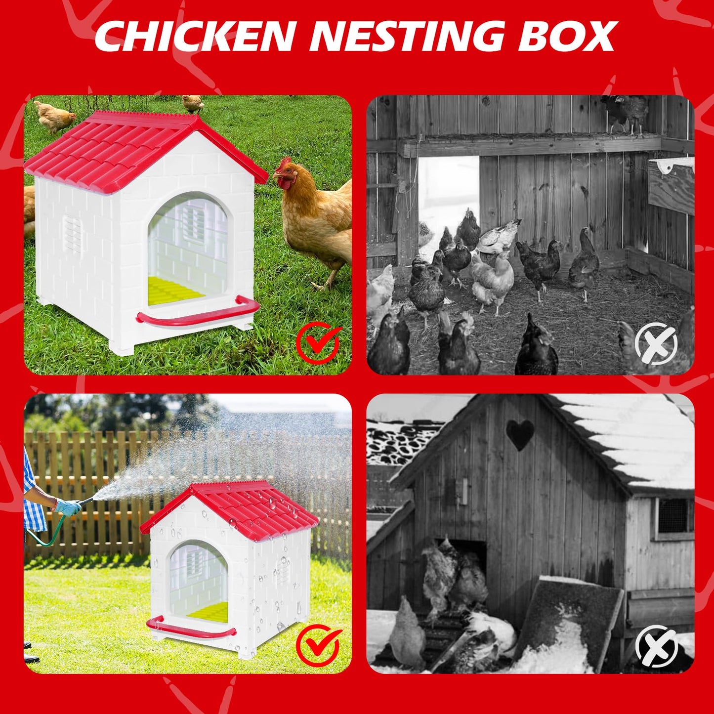 Single Compartment Chicken Nesting Box, Waterproof Plastic Chicken coop, Wall Floor DIY Nest Box for Hens, Ducks, Rabbits and Other Poultry,Red