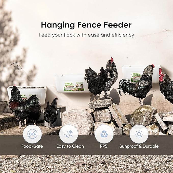 4 Pack Chicken Feeders, 4.5 Quart Goat Hanging Fence Feeders, with Hooks, Screws, & Chicken Coop Treat Bag, Livestock Feeders Water Bucket for Chickens, Ducks, Dogs, Cows, Sheep, Rabbits