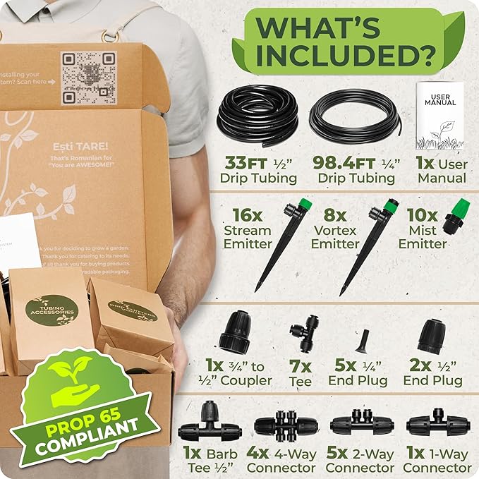 CARPATHEN Drip Irrigation System - Adjustable Quick Connect Irrigation System for Gardens up to 131ft, Raised Beds - Complete Garden Watering System - 1/4 Emitters, 1/2" and 1/4" Tubing and Connectors
