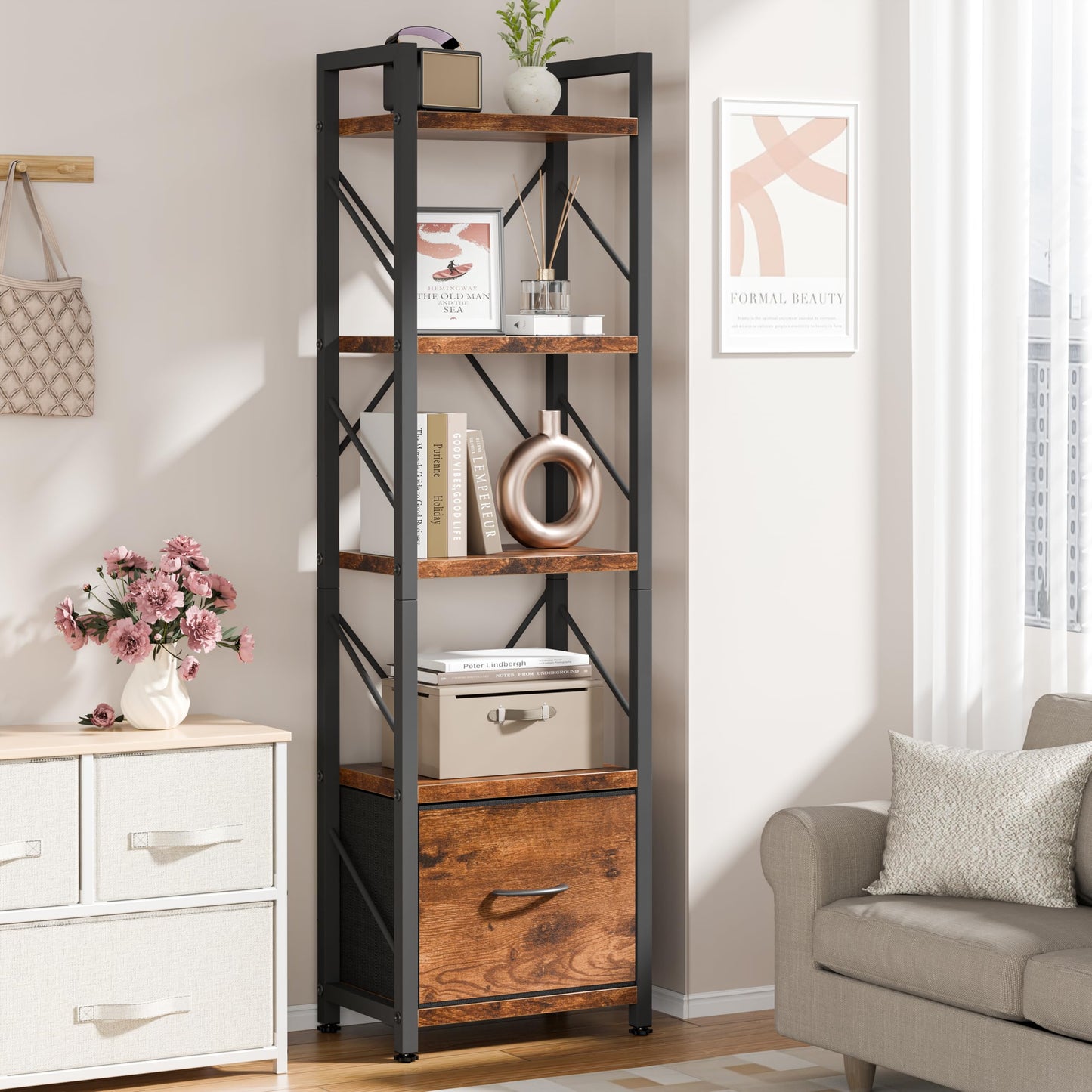 Shintenchi Bookshelf, 5 Tier Bookcase with Drawer,Home Office Bookcase Shelf Storage Organizer,Metal and Wood Industrial Bookshelves for Bedroom, Living Room and Home Office,Rustic Brown