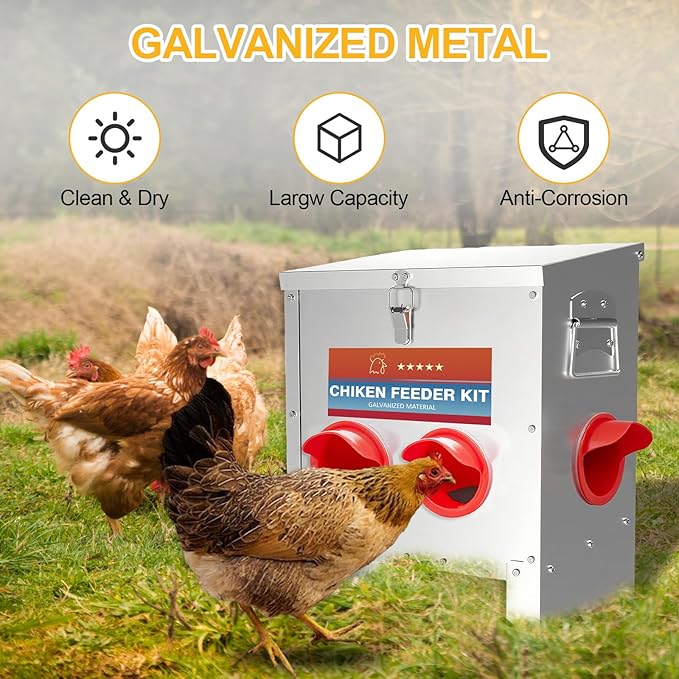 Automatic Chicken Feeder No Waste 25 Pounds Metal Poultry Feeder with Latch & Handle for Chickens, Geese, Ducks, Turkeys, Quails, Weatherproof (4-Port)