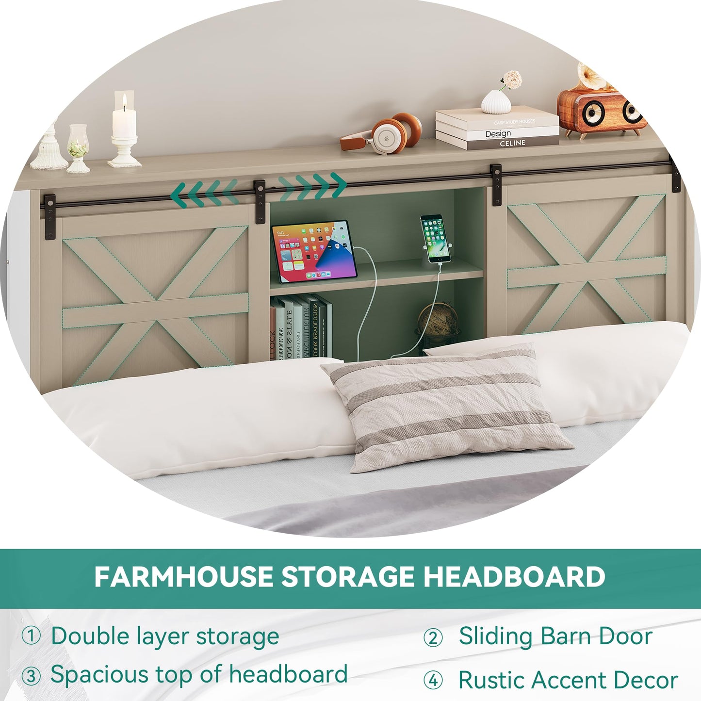 YITAHOME Farmhouse Queen Size Bed Frame w/Storage Bookcase Headboard, Sliding Barn Door, Charging Station, Rustic Wood Platform Bed w/Wood Slats Support, No Box Spring Needed, Oak