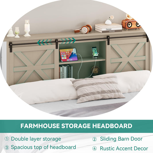 YITAHOME Farmhouse Queen Size Bed Frame w/Storage Bookcase Headboard, Sliding Barn Door, Charging Station, Rustic Wood Platform Bed w/Wood Slats Support, No Box Spring Needed, Oak