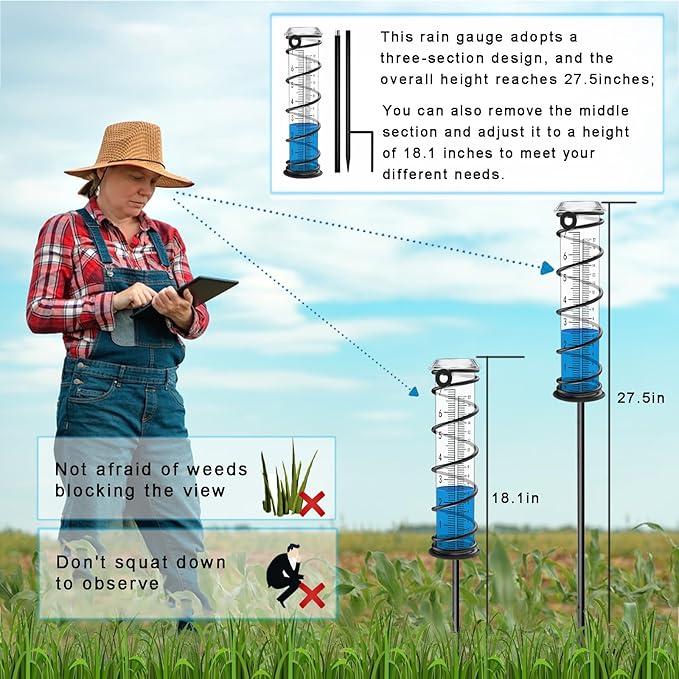 Upgrade Rain Gauge, Detachable Spiral Rain Gauge Outdoor, Rain Measure Gauge for Yard, Large Number Rain Water Meter, Thickened Plastic Rain Gauge with Stake and Metal Frame for Patio,Lawn