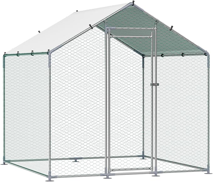 VEVOR Metal Chicken Coop, 6.56x6.56x6.56ft Walk in Chicken Runs for Yards with Cover, Spire Roof Hen House Enclosure with Security Lock, Outdoor Duck Rabbit Poultry Cage Pen for Backyard, Farm, Yard