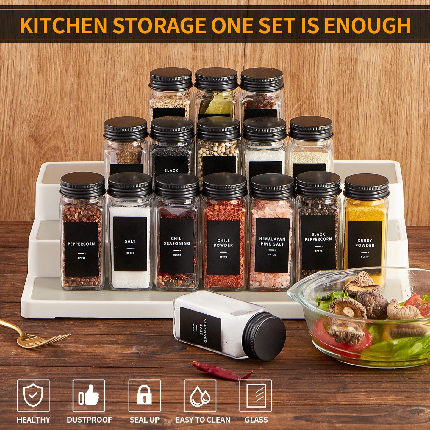 Skiileor 36 Pcs Spice Jars with Label- Glass Spice Jars with Black Metal Caps,Shaker Lids, Funnel, Chalk Pen, Brush,Cleaning Cloth 4oz Seasoning Containers Bottles for Spice Rack, Cabinet, Drawer