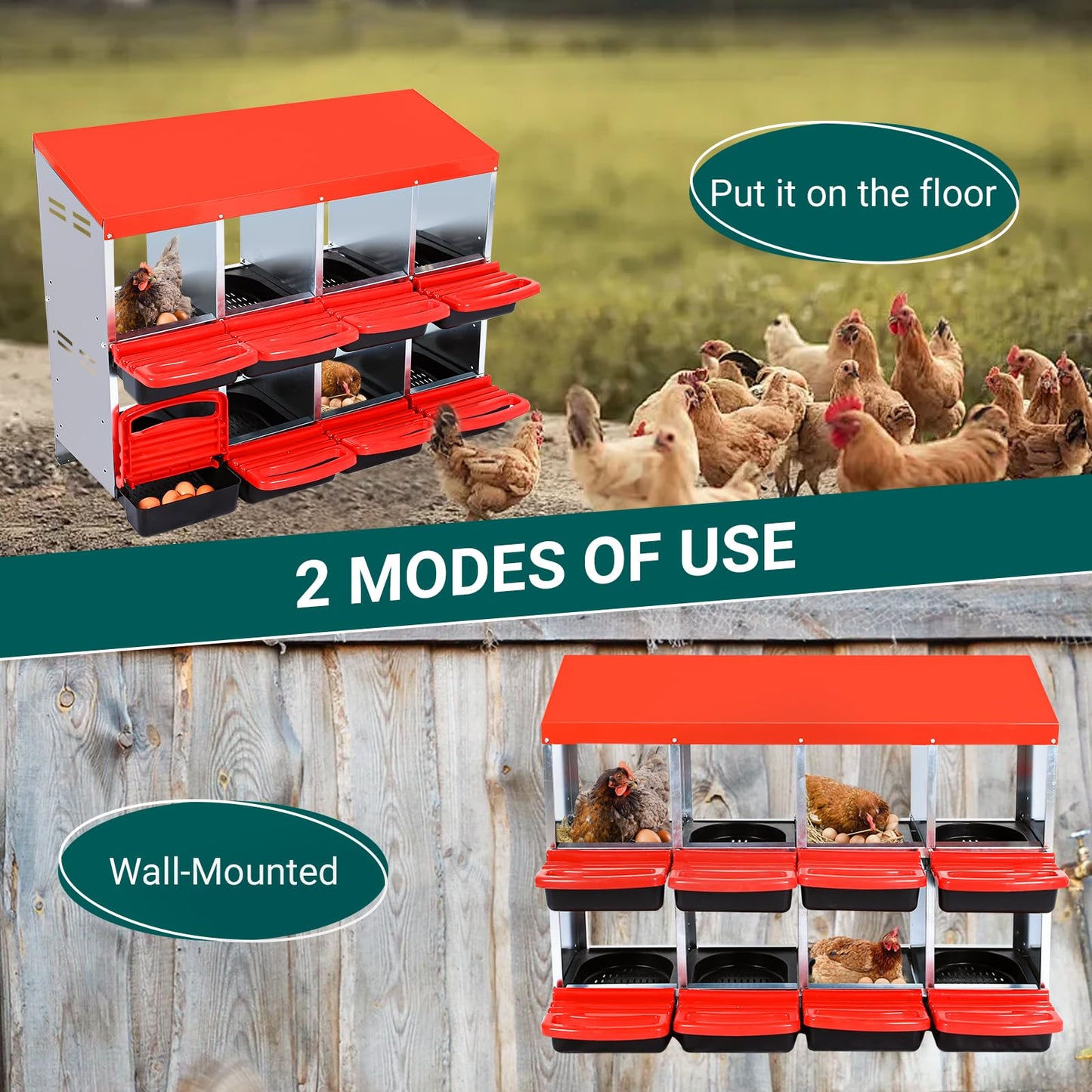 GarveeLife Chicken Nesting Boxes, 8 Hole Nesting Boxes for Chickens, Chicken Laying Box with Leg and Lid Cover, for Chicken Coop to Protect Eggs, Red