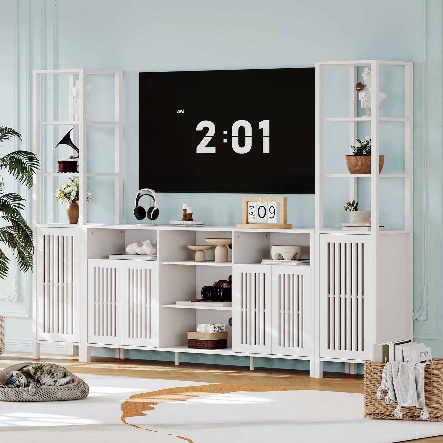 Farmhouse TV Stand for TVs Up to 70 in, Entertainment Center with Bookshelves, Media Center with Storage Cabinet & Adjustable Shelves for Living Room Bedroom Home Theater