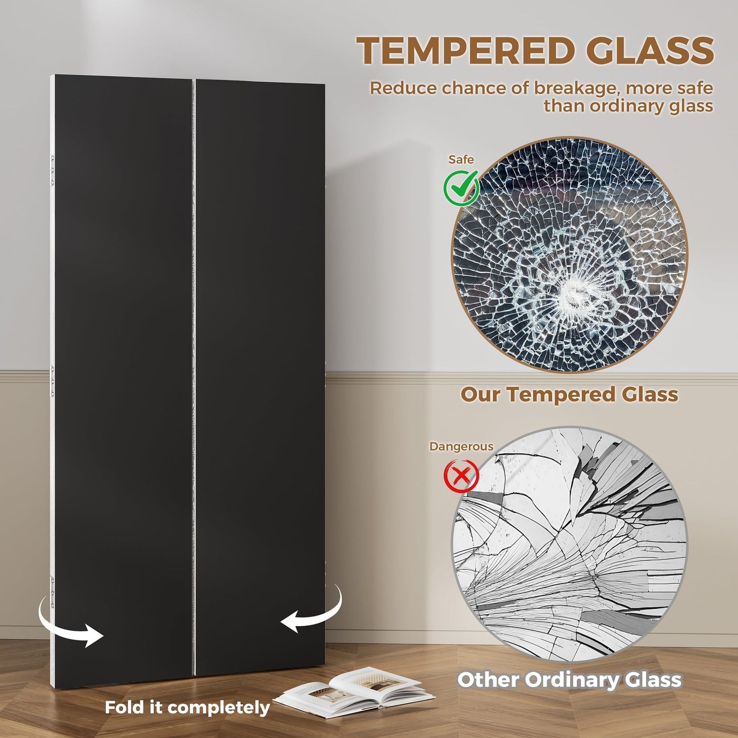 3 Way Full Length Trifold Mirror with Tempered Glass, 3 Panel Oversized Extra Large Free Standing Mirror with Rustic Wood Frame, for Wedding Dress/Clothing Shop/Bedroom/Closet, 71"x67", RusticWhite
