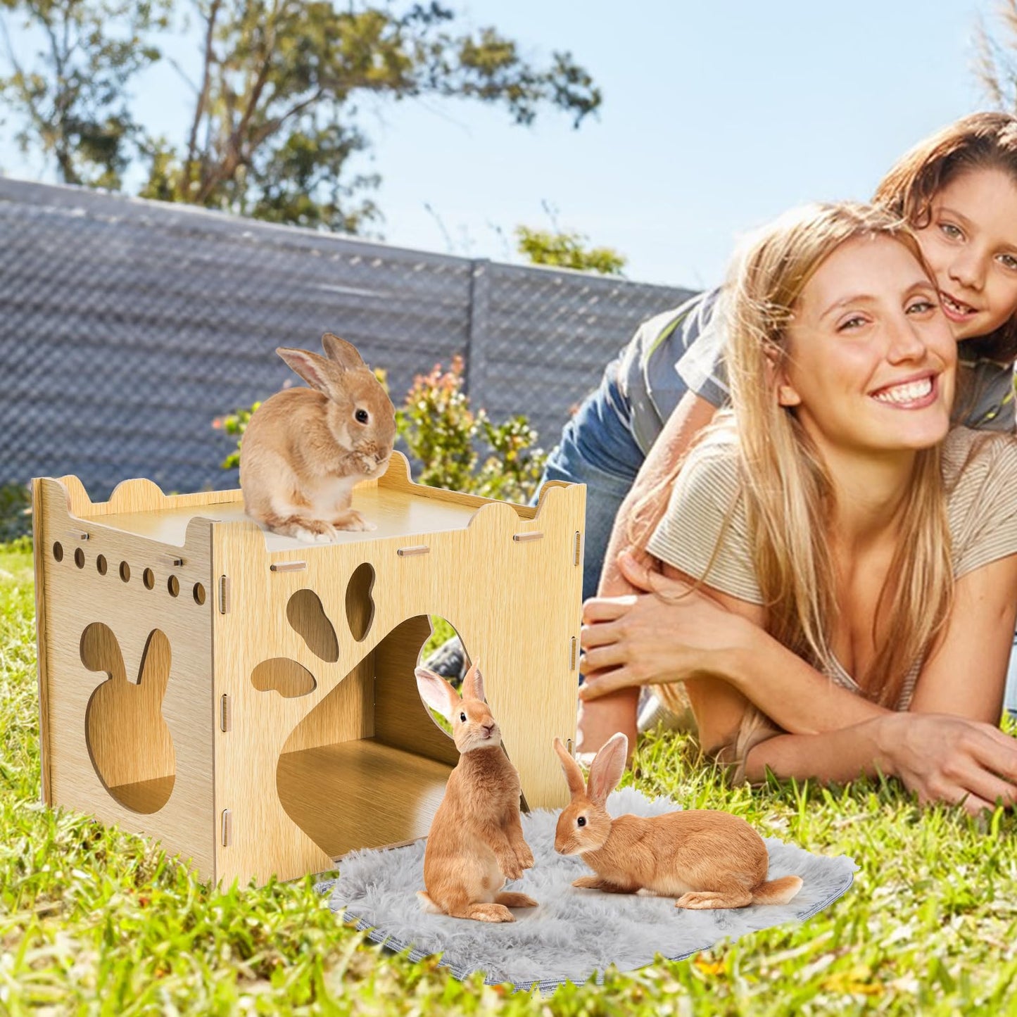 Yesland Rabbit Hideout Castle, Large Wooden Bunny Houses and Hideouts with Pet Pad, Detachable Small Animal Play Hideaway Hut and Playhouse for Indoor Bunnies Guinea Pig Hamster Chinchilla Gerbi