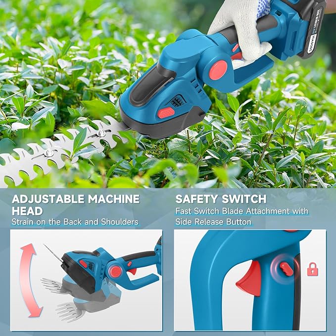 DODOWIN Hedge Trimmer Cordless, 2 in 1 21V Handheld Electric Weed Shears and Bush Trimmer, with 1 Rechargeable Batteries 1 Charger, Garden Tools Gift for Men, Dad, Husband Christmas Stocking Stuffers