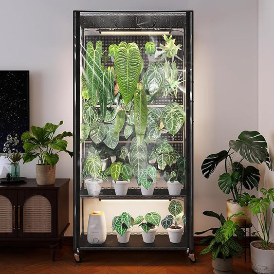 Bstrip Indoor Greenhouse with Grow Light & 4 Pegboard, Mini Green House with Adjustable Rack and Wheels, 4 x 24W Full Spectrum Grow Light Strip for Foliage Plants, Seedling, 35.4"x13.8"x71"