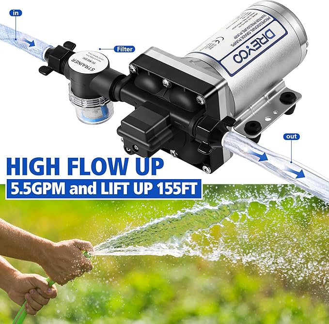 Water Pressure Booster Pump 110v 5.5 GPM 70 PSI, Self Priming Industrial Water Pump with Power Plug, Pipe Fittings Brass Connector Strainer Filter for Kitchen Bathroom Rv Marine Caravan Garden(Silver)