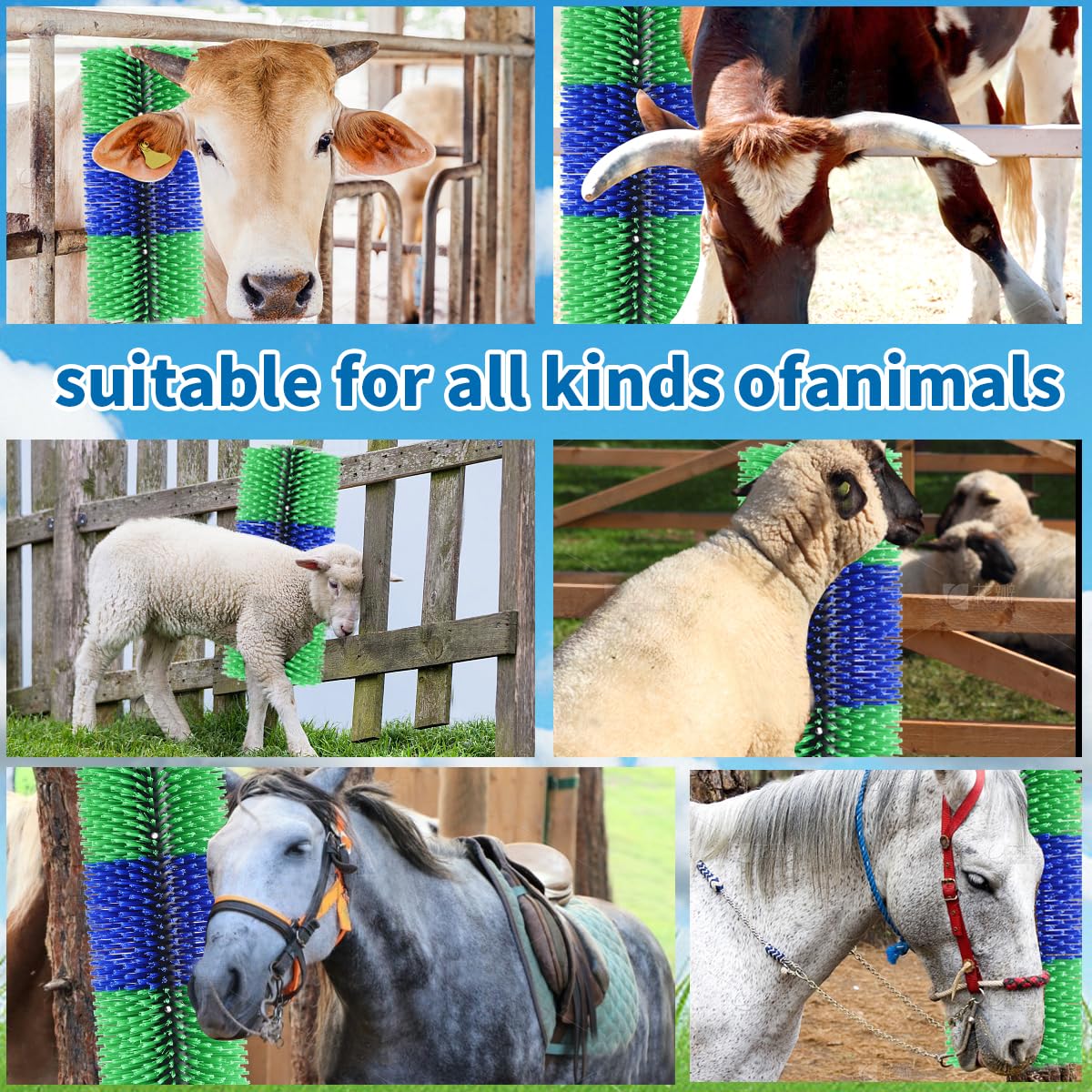 Adjustable Livestock Scratching Brush Kit — Durable Nylon Back Scratcher for Cattle, Horses & Goats with Mounting Hardware & Massaging Bristles