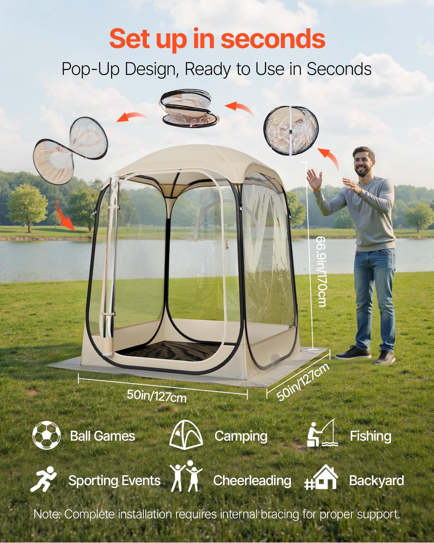VEVOR Pop Up Sports Tent, 50x50x66.9 Instant Weather Proof Clear Tent for 2 Person, Portable Foldable Dome Shelter with Removable Floor Mat & Top Cover, for Watching Sports Events, Camping, Fishing