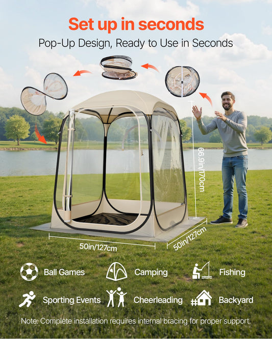 VEVOR Pop Up Sports Tent, 50x50x66.9 Instant Weather Proof Clear Tent for 2 Person, Portable Foldable Dome Shelter with Removable Floor Mat & Top Cover, for Watching Sports Events, Camping, Fishing