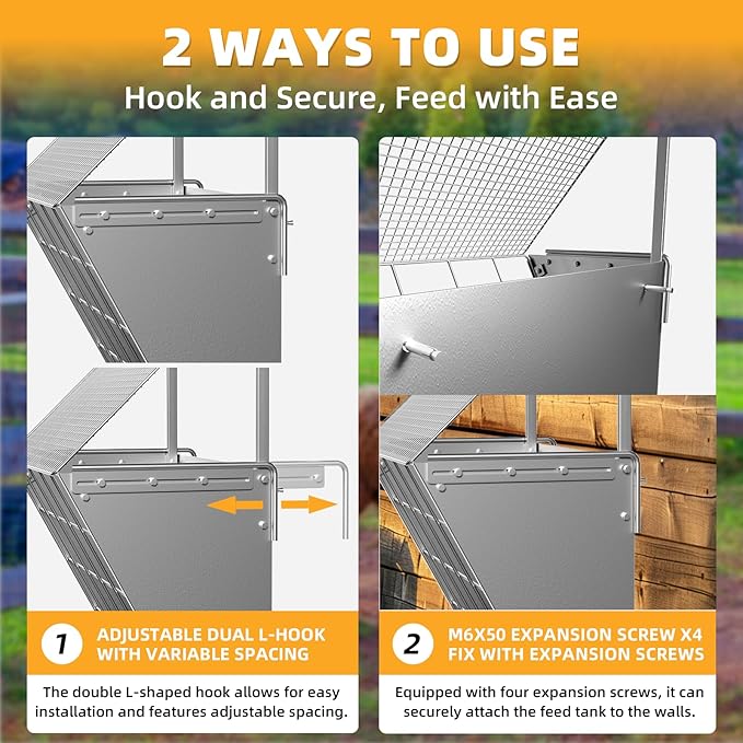 Wall Mount Hay Rack, 2 in-1 Goat Hay Feeder with Hook, 19 Gallons Heavy Duty Galvanized Wall Hay Rack, Livestock Feeder with Adjustable Distance, Easy to Install, Hay Rack for Goats, Sheep, Horse
