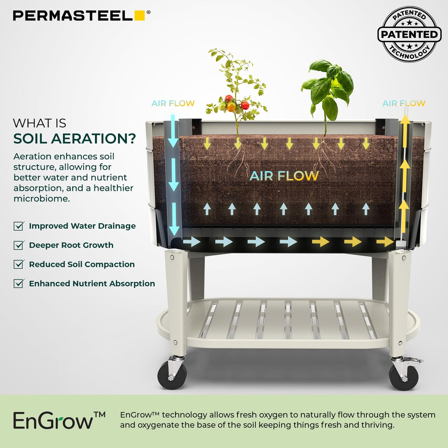 Permasteel Raised Garden Bed with Legs, 40×20×37 in, Planter Box with EnGrow™ TrueSoil™ Technology for Vegetables, Flowers, Herbs, and Fruit, Outdoor Indoor, Storage Shelf, Ivory