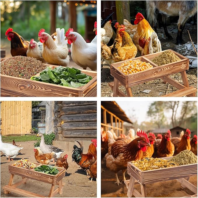 Chicken Feeders with Picnic Table, Handmade Carbonized Wooden Chicken Coop Accessories, Chicken Feeder No Waste, Mesh Bottom Keeps Food Fresh and Dry for Wild Birds, Ducks & Squirrels