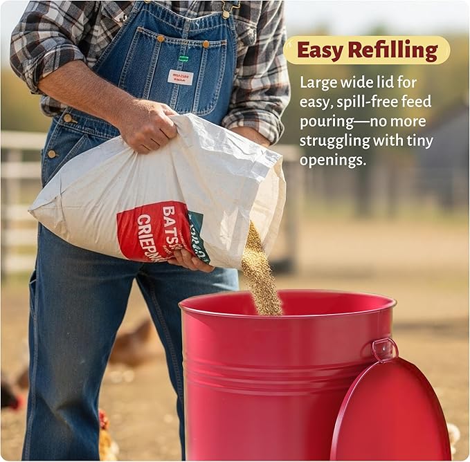KOL 75 LB Large Free Standing Chicken Feeder, Portable Gravity Chicken Feeder Automatic, Dispenser, 8 Feeding Ports Poultry Feeder for Chicken Rooster & Hen (Red)