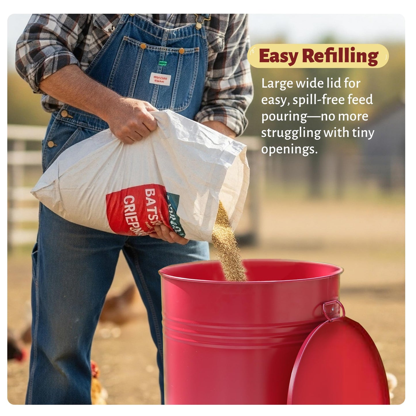 KOL 75 LB Large Free Standing Chicken Feeder, Portable Gravity Chicken Feeder Automatic, Dispenser, 8 Feeding Ports Poultry Feeder for Chicken Rooster & Hen (Red)
