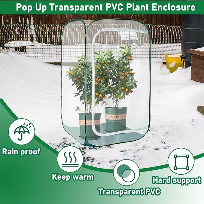 Plant Mini Greenhouse Pop up Frost Protection Enclosure PVC Clear Plant Covers with Roll-up Zipper Entry Doors, Indoor and Outdoor Gardens Protecting Plant from Cold Frost (PVC, 23x23x35in)