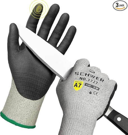 3 Pairs High Level Cut Resistant Work Gloves for High Risk Work, ANSI A7 Cutting Gloves with Reinforced Thumb, Used for WoodWorking, Construction, Non Slip, Durable, Breathable & Cool, M, PR3727
