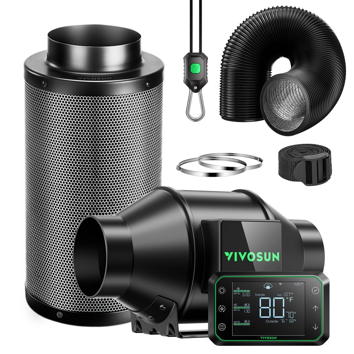VIVOSUN Smart Air Filtration PRO G4 Kit 4", AeroZesh G4 Inline Duct Fan w/GrowHub E42A Temp. Humidity WiFi-Controller, Carbon Filter & Ducting, Cooling & Ventilation System for Grow Tent, Hydroponics