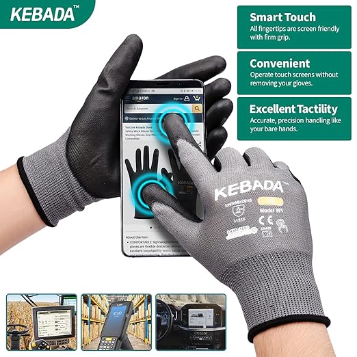 Kebada Safety Work Gloves,120 Pairs Bulk Pack, Touchscreen, PU Coated, Ideal for Warehouse, Construction, Gardening and Mechanics, Grey, X-Small