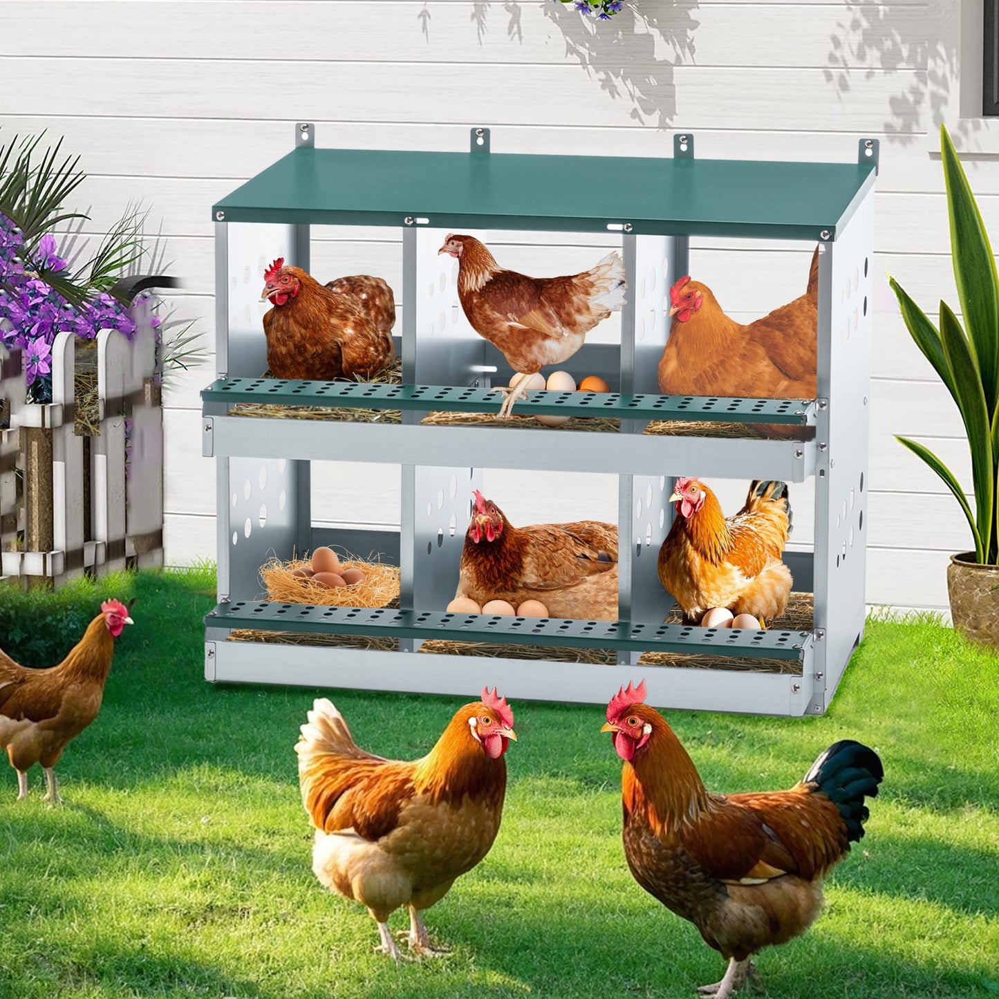 YOPTO Chicken Nesting Boxes,6 Compartment Nesting Box for Laying Eggs,Heavy Duty Metal Nest Box with Hanging Mounting Holes,Roll Away Chicken Laying Boxes for Chickens,Poultry,Hens to Collect Eggs