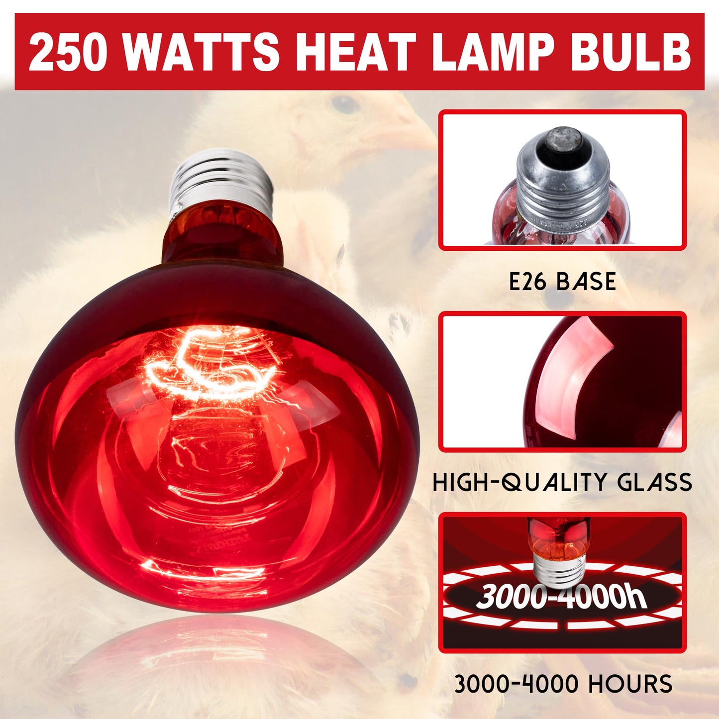 Wesome Lighting 250 Watt Heat Lamp Bulbs for Chicks, R40 Heat Lamp for Chickens, Infrared Heat Bulbs for Brooder Heater, 250W Incandescent Heat for Pet, Bathroom, Food (2 Pack)