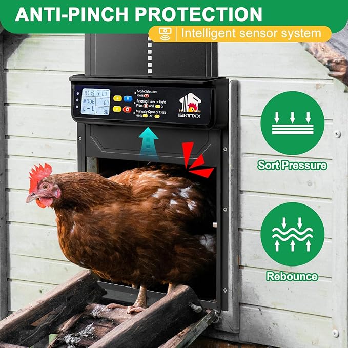 Automatic Chicken Coop Door Solar Powered with Timer, Light Sensor, Remote Control, LCD Display, Aluminum Alloy 4 Auto Modes Wide Solar Chicken Coop Door, Anti-Pinch, Weatherproof, USB Backup, Black