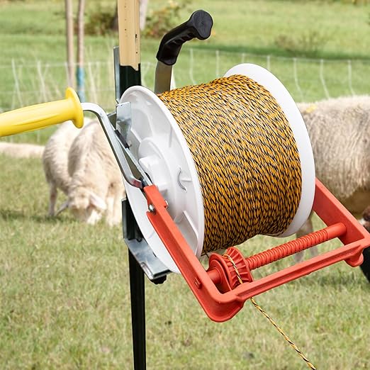 3:1 Geared Reel Prewound Polywire, Electric Fence Wire Reel, with Auxiliary Winding Handle, Plus 1 Free 8 inch Insulgrip, Suitable for Building Farm Electric Fences