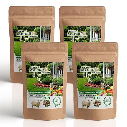 Wool Pellet Organic Fertilizer (4x8.8 oz), Made of Sheep Wool, Water Holding, Enhances Soil Health, Ideal for Fruits, Vegetables, Flowers, Indoor and Outdoor Plants - 4 Pack